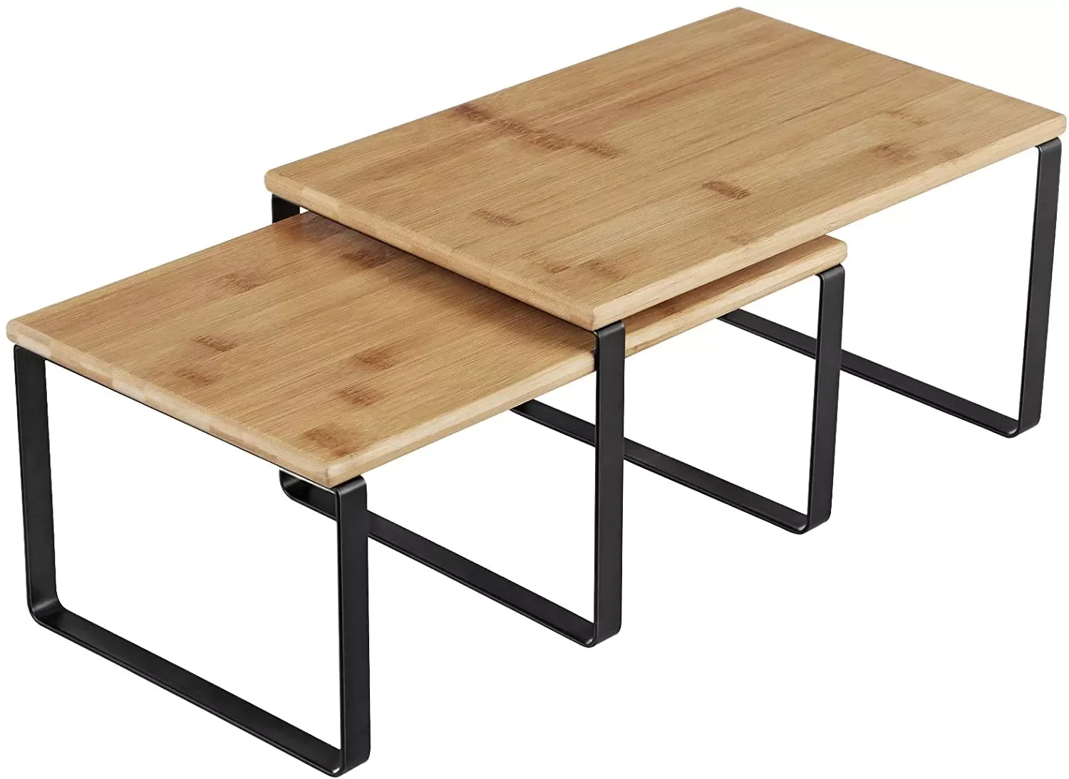 

Cabinet Shelf Organizers, Set of 2 Kitchen Counter Shelves, Stackable, Expandable, Metal and Bamboo, Black and Natural UKCS02NB