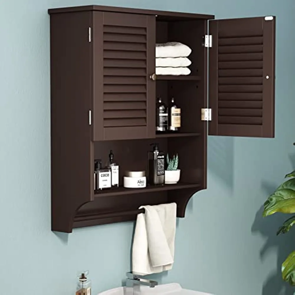 

Bathroom Wall Cabinet with Towels Bar, 23.6" L x8.9 W x29.3 H MDF Material Medicine Cabinet, 2 Doors Over The Toilet Space Saver