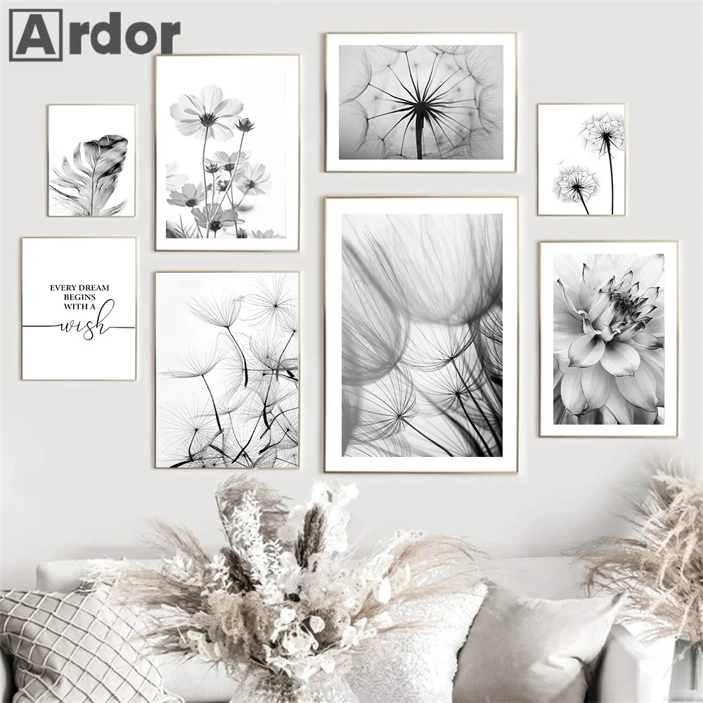 

Dandelion Flower Feather Wall Art Posters Black and White Art Prints Quotes Canvas Painting Nordic Art Picture Living Room Decor