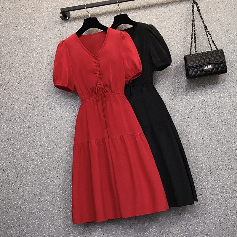

4XL size women elegant casual chiffon Office dress 2022 Summer short sleeve v neck bow solid slim long dresses vestidos