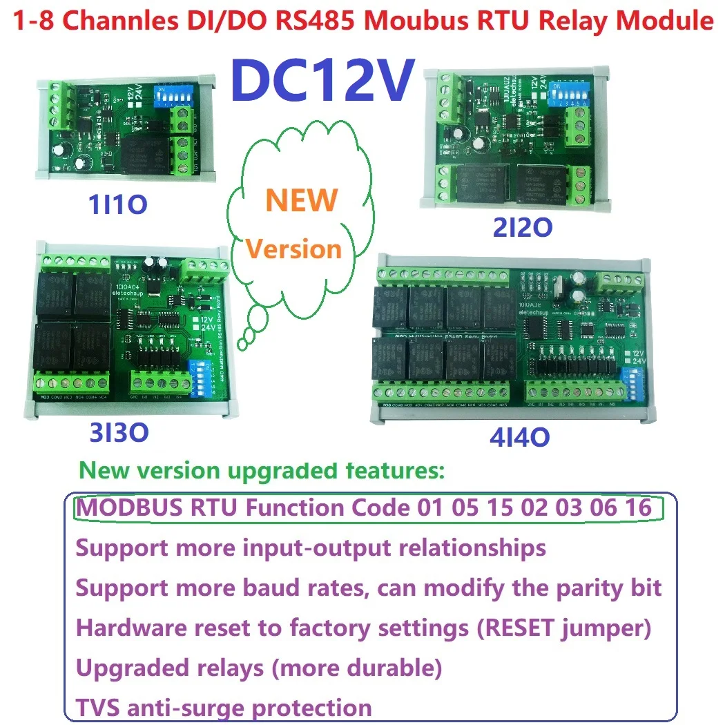 

DC 12V 1-8Ch Optically Isolated NPN Input Relay Output DI-DO PLC IO Expanding Module Modbus RTU RS485 Relay Switch Board