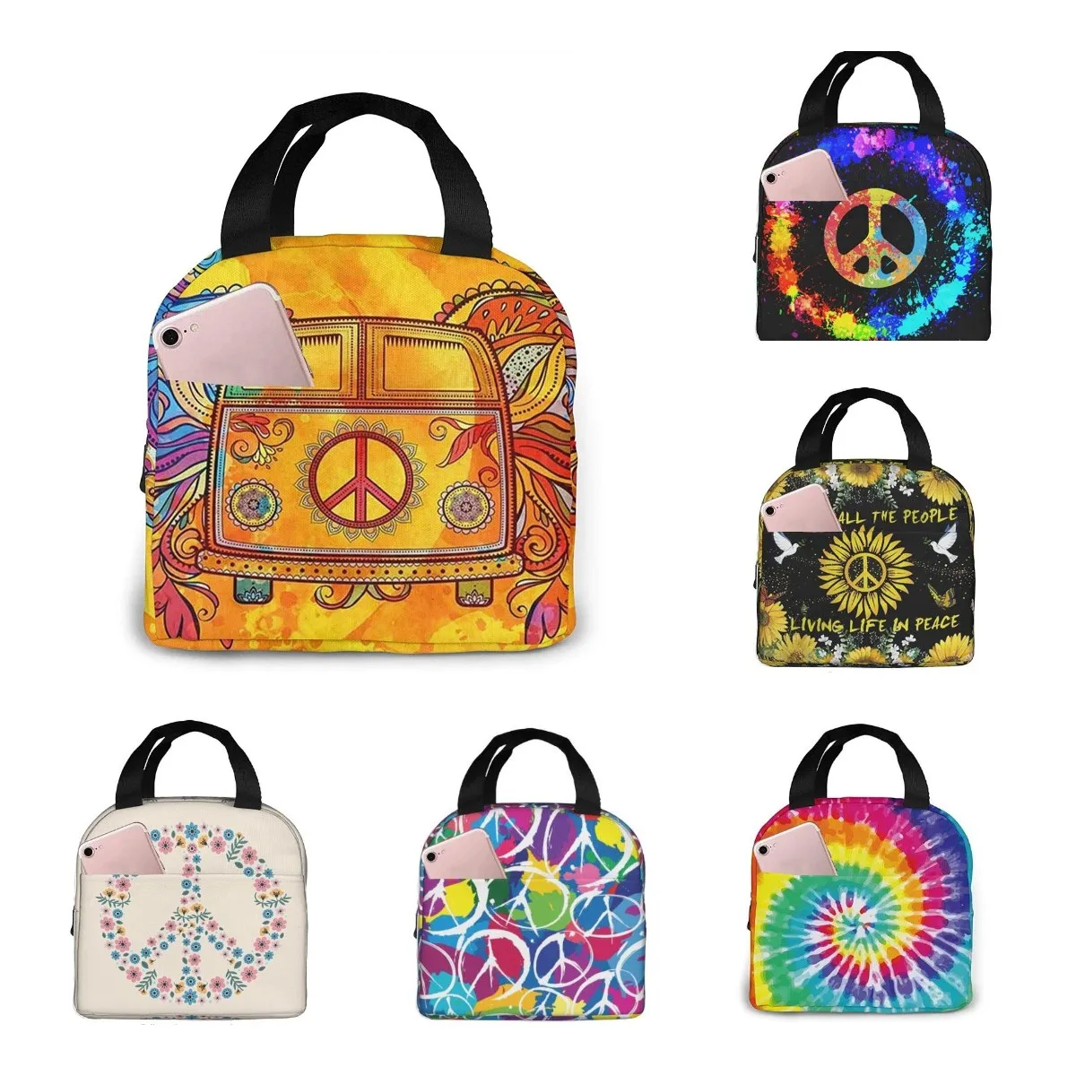 

Hippie Vintage Car a Mini Van with Peace Sign Insulated Lunch Box Reusable Cooler Tote Bag Waterproof Lunch Holder for Women