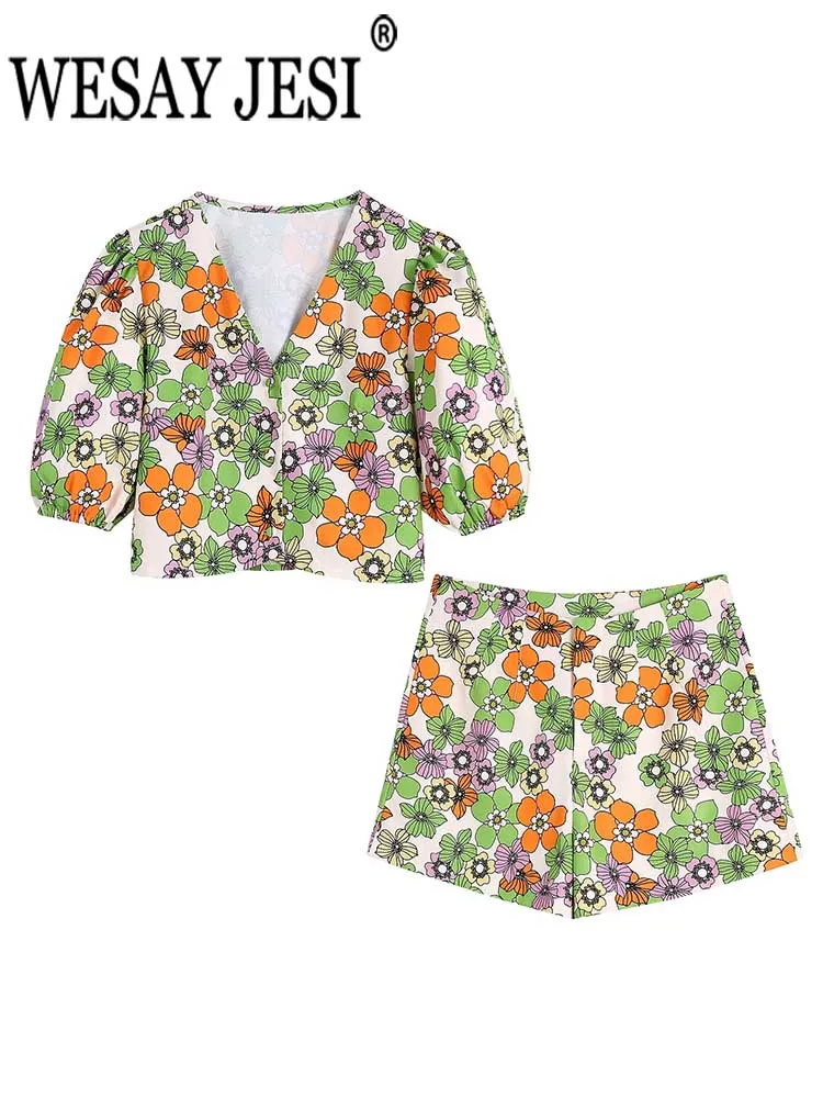 

WESAY JESI Модные женские костюмы с цветочным принтом короткий рукав V-образный вырез рубашка Топ + Высокая талия молния приталенные сексуальные...