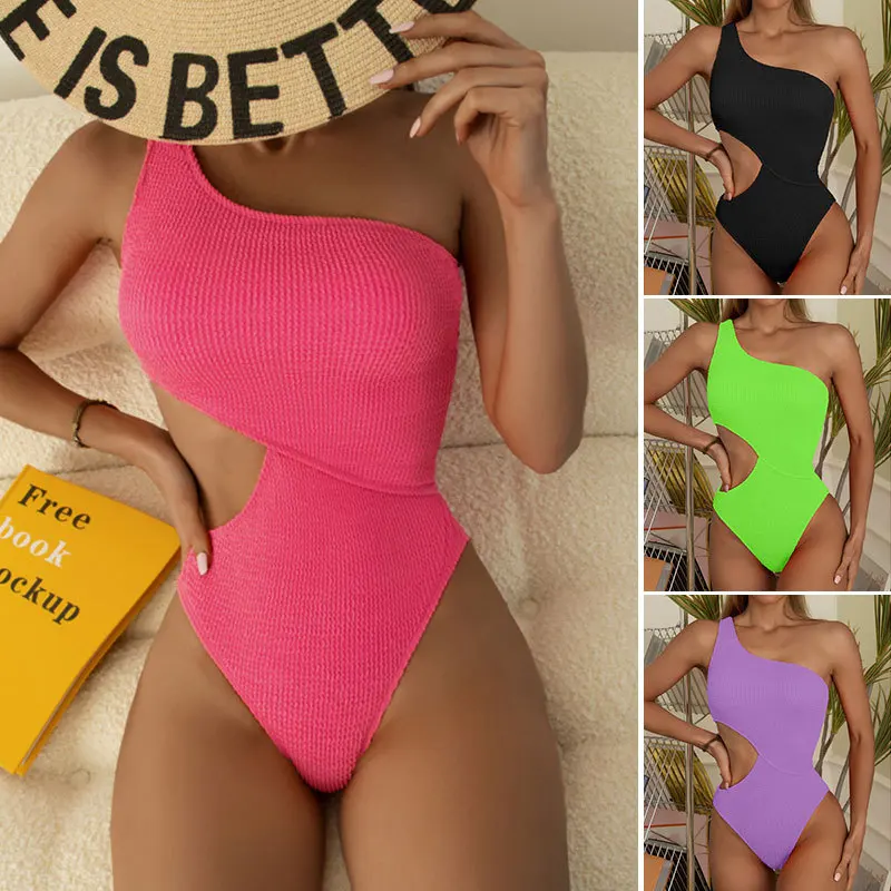 One Shoulder Women Swimsuit One Piece Sexy Swimwear Women 2022 New Textured Monokini Swimming Suit Beach Bathing Suits