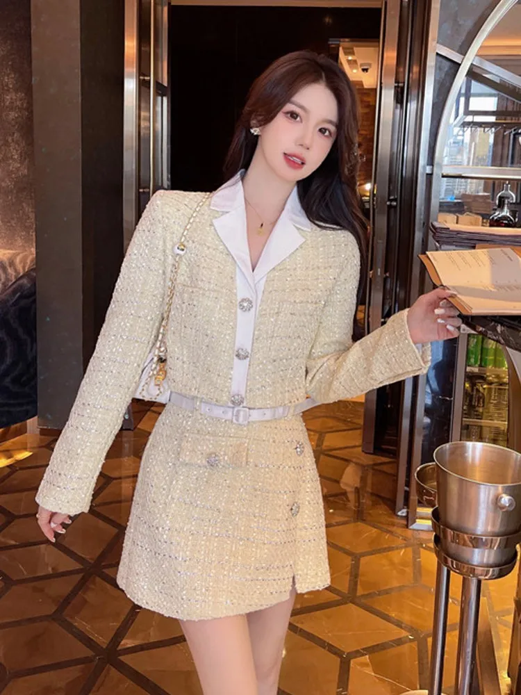 

Женский комплект из двух предметов, элегантный комплект из двух предметов: куртка с длинным рукавом и твидовая юбка