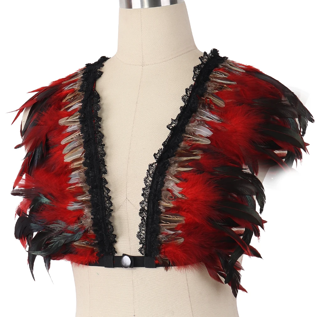 Red Natural Feather Shrug Shawl Shoulder Cape Gothic Collar Plus Size Ties Cosplay Costume Party Body Cage Harness Bra Belt