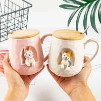 430ml cute animals relief ceramics mug with lid and spoon coffee milk tea handle cup novelty gifts cups with lids