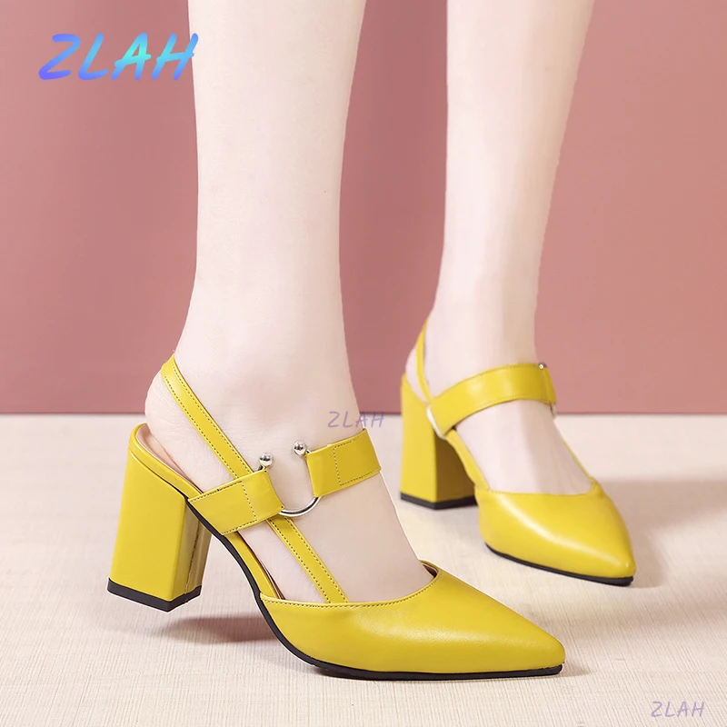 

Summer Sandals Dress Party Shoes Pu High Heel Sandals Zlah Ladies Mules Ladies Pointed Toe Chunky Heels White Pink Yellow