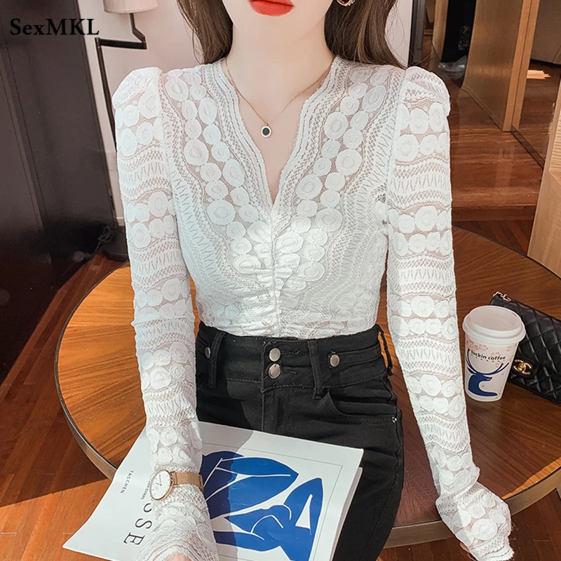 

Sexy V Neck Puff Sleeve Tops Women Autumn Fashion Hollow Out Lace Blouses Camisas Feminina White Casual Transparent Blusa Mujer