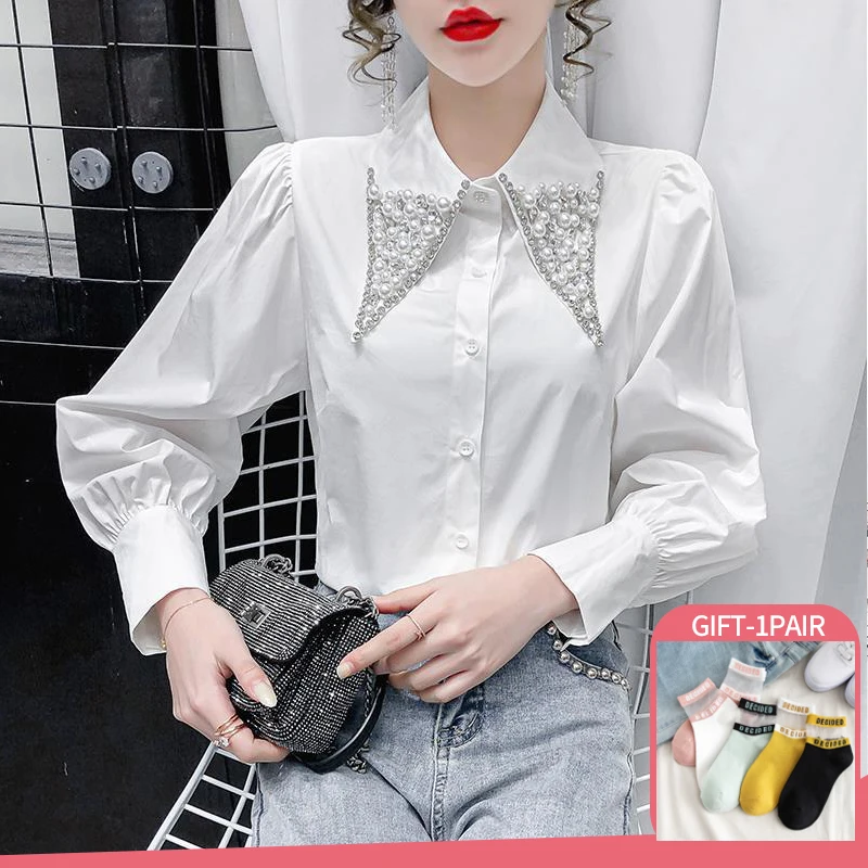 

High Quality Pearls Diamonds Collar White Shirt Women Tops Mujer 2022 Spring Autumn New Arrival OL Elegant Blouse Tops Camisas