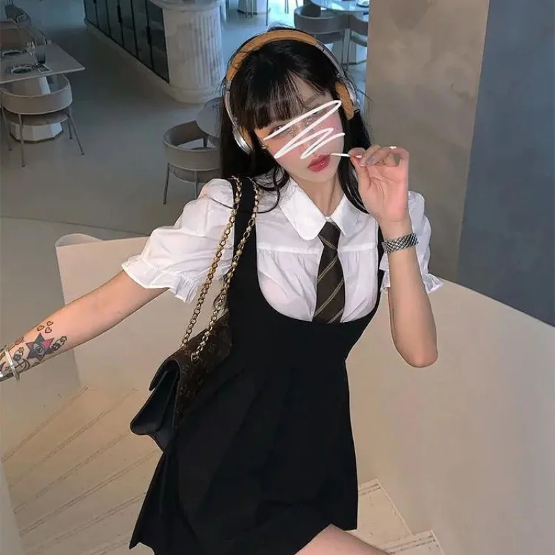 

Women Dress Sets Preppy Style Slim High Street Girl Sweet Ins Puff Sleeve Shirts Pleated Dresses Student Harajuku Ulzzang JK Hot