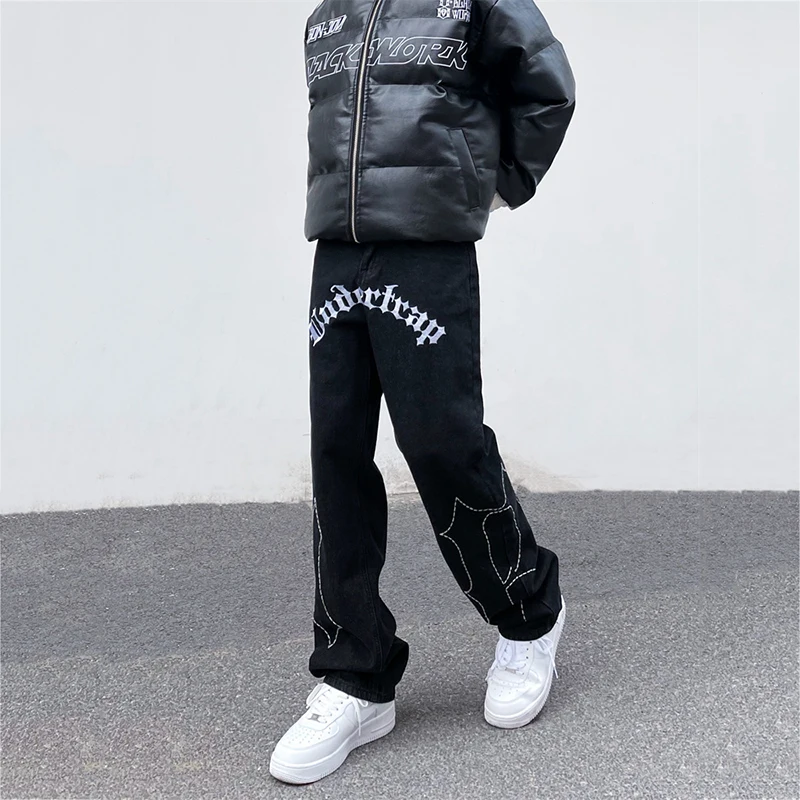 Y2K Men Jeans High Street Hip Hop Vibe Black Jeans Men and Women The Same Loose Embroidered Street Casual Pants Ins Tide Brand