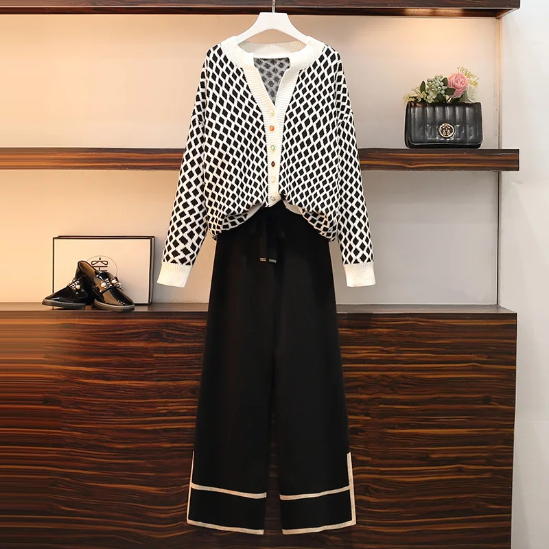 

2022 New Sweetwear Two Piece Sets Women Geometric Patterns Knitting Cardigans Sweater + Elastic Wide Leg Long Pants Suits Lady