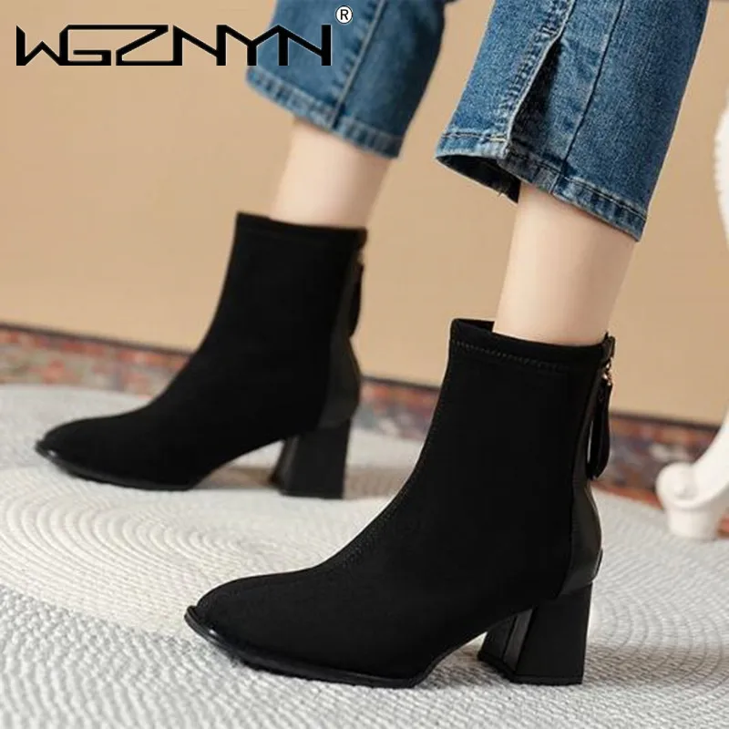 

Модные короткие женские ботинки челси с острым носком на толстом каблуке Новинка Осень-зима удобные ботинки с тонкой боковой молнией женские ботинки