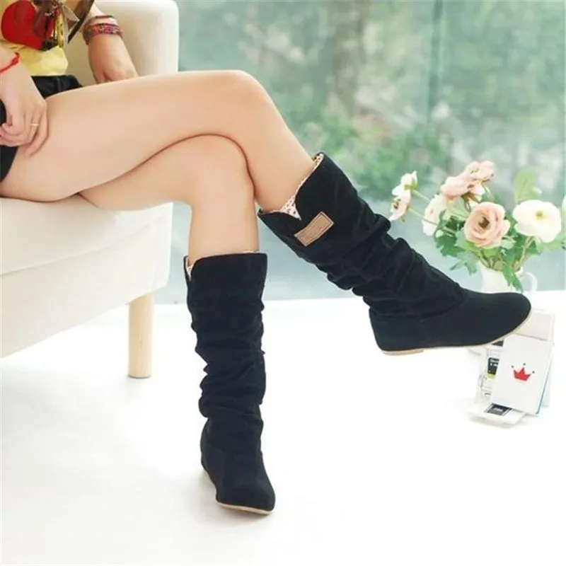 

2022 Women Lace Nubuck Flat Heels Winter Snow Boots Shoes Women's Flock Plush Padded Winter Long Riding Motorcycle Boots Shoes