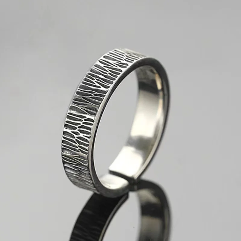 

S925 Silver Special-Interest Design Old Mountain Wood Simple Men Adjustable Index Finger Ring Couple Gift Ring