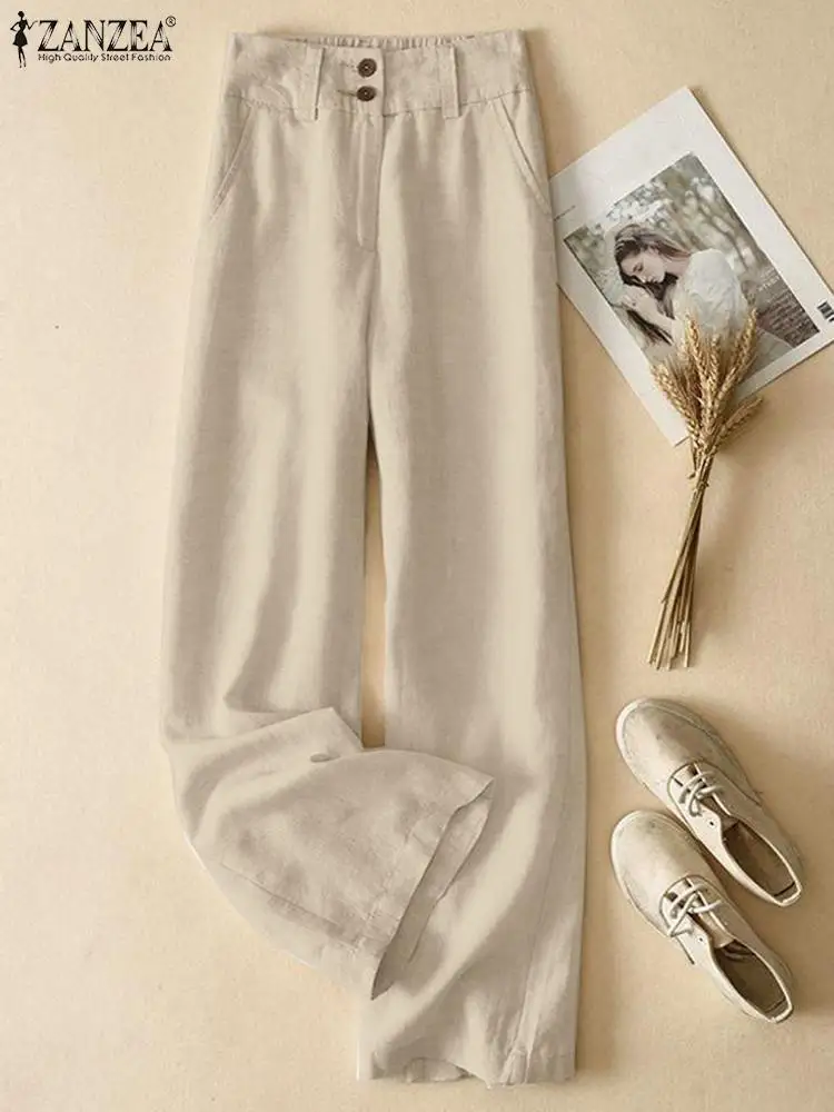 

Women Vintage Elastic Waist Trousers ZANZEA Summer Solid Long Wide Leg Pants Casual Loose Cotton Palazzo Fashion Work Pantalon