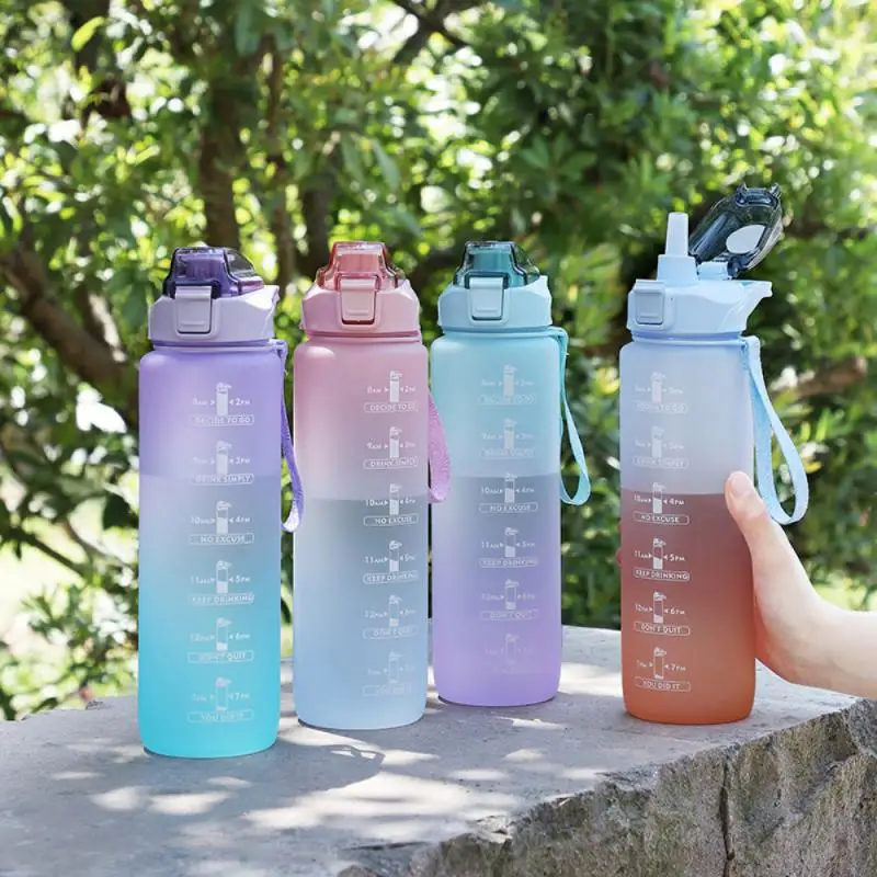 

With Lid And Straw Drinking Cup 1000ml Gradient Color Portable Frosted Cup Leakproof Sport Water Bottles For Outdoor Travel Gym