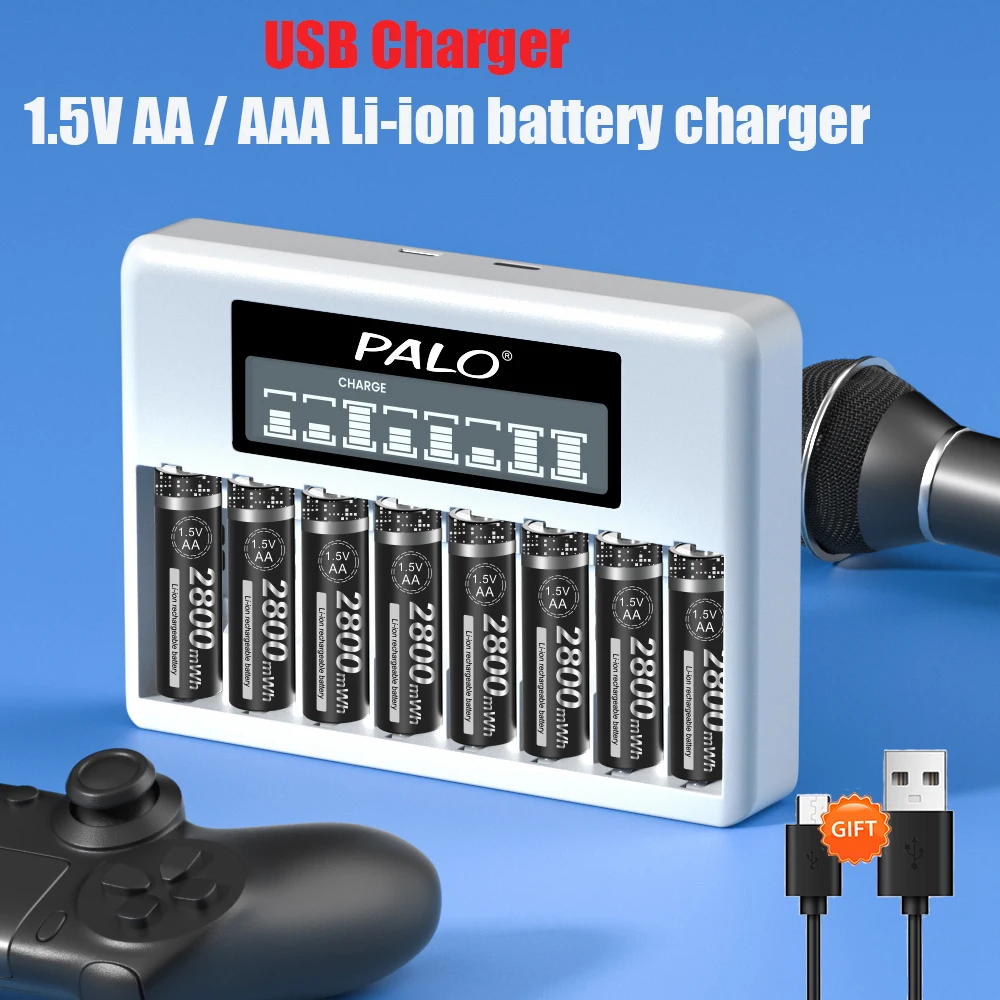 

PALO 8 Slots LCD Smart 1.5V AA AAA Li-ion Battery Charger For 1.5V 2A 3A lithium Rechargeable Batteries Fast USB Battery Charger