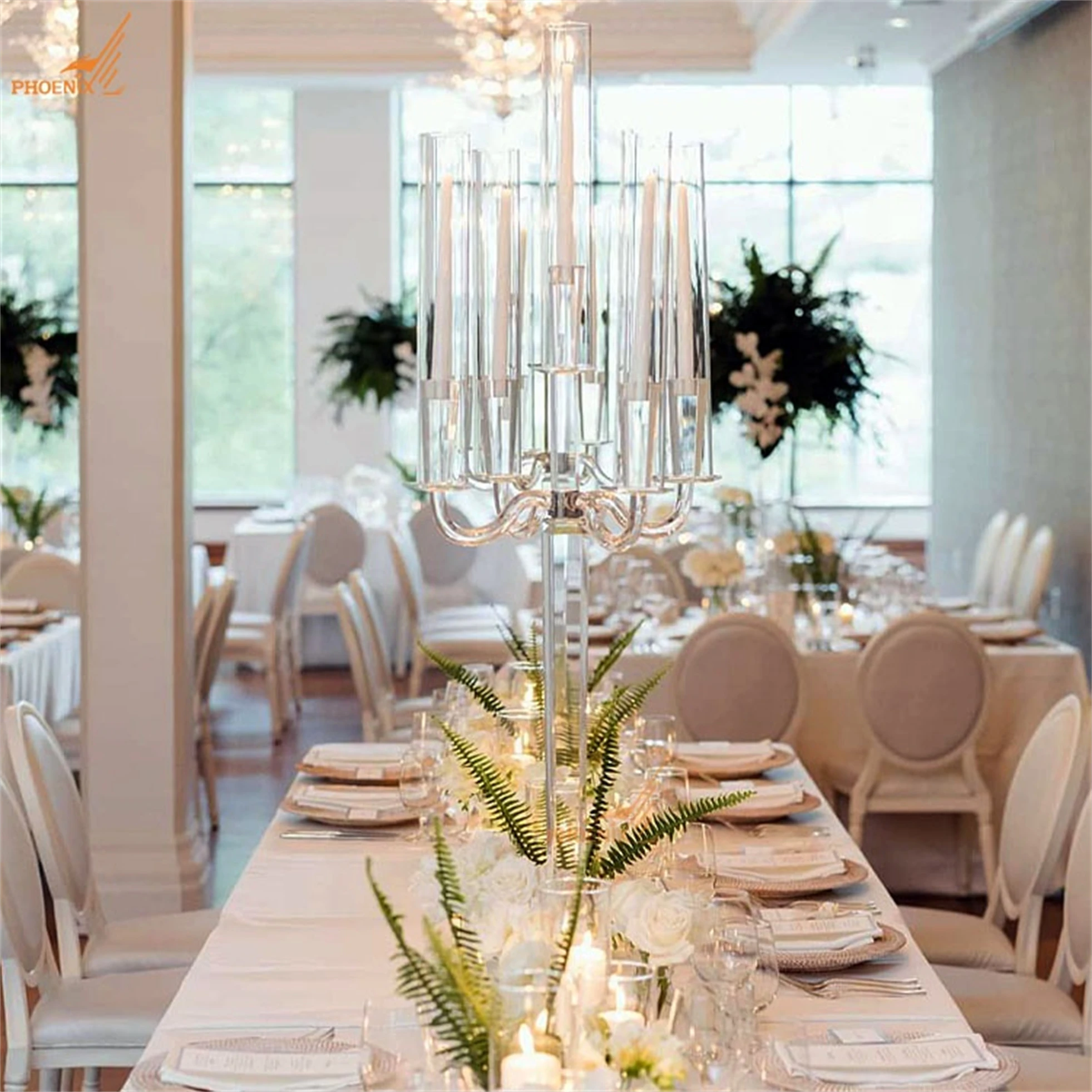 

Modern Table Centerpieces with Clear 5 Arms Glass, Hurricane Tall Candleholder, K9 Crystal, Wedding Candle Holder for Home Decor