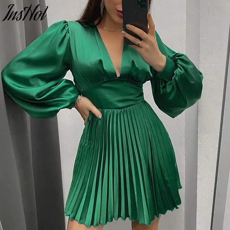 Женское однотонное атласное Плиссированное мини-платье в стиле ретро с