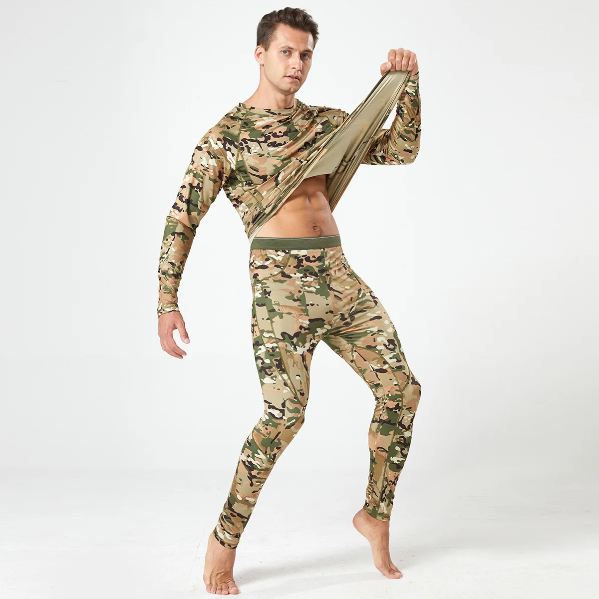 2023 Autumn and Winter Men's Fleece Thermal Underwear Set Russian Fleece Camouflage Outdoor Camouflage Sports Set Tracksuit Men