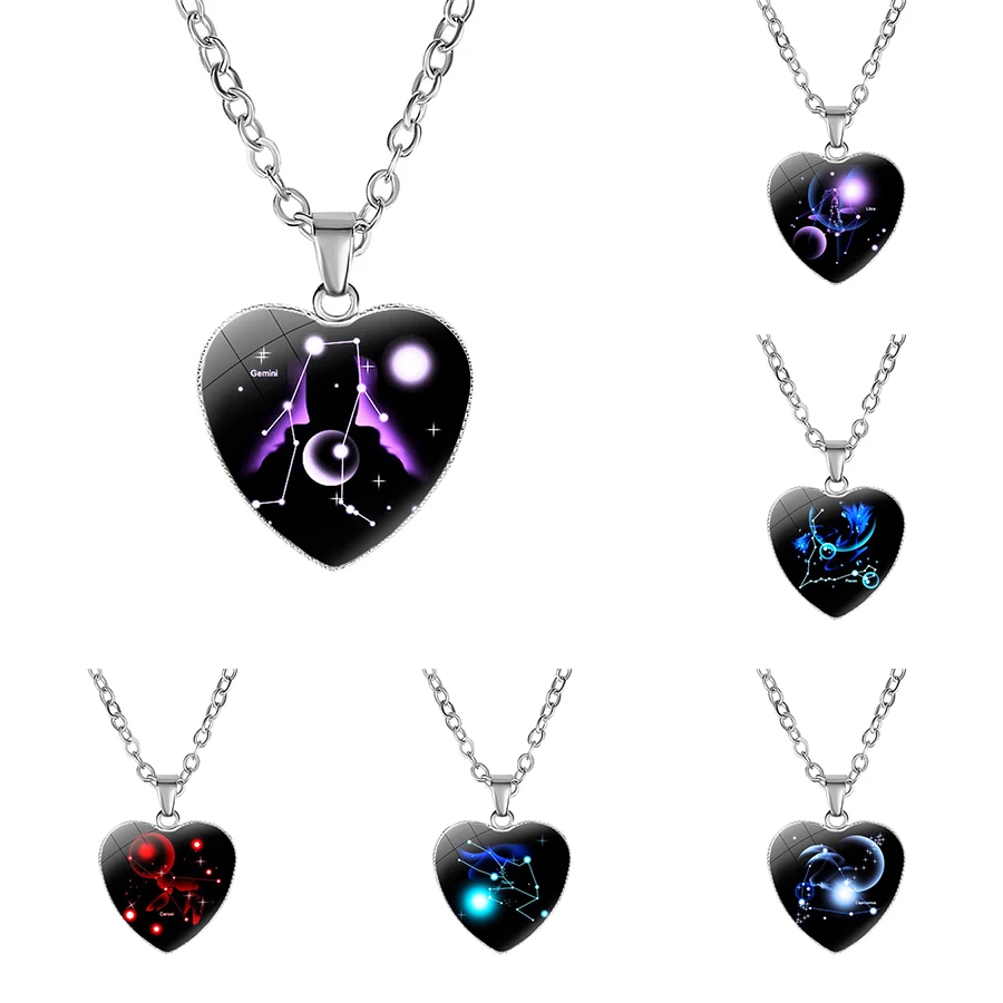 

12 Zodiac Sign Necklaces For Women Simple Glass Constellation Heart Shaped Pendant Chains Fashion Birthday Jewelry Gift