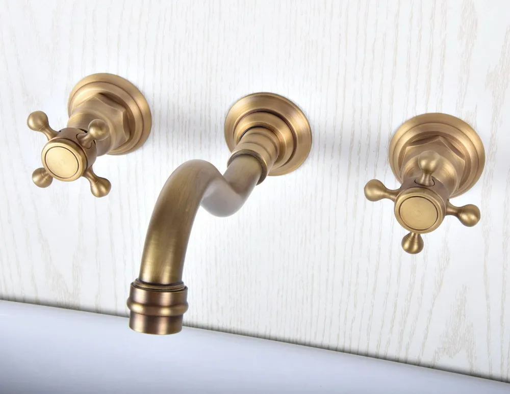 

Antique Brass Wall Mounted Dual Handles Widespread Bathroom 3 Holes Basin Tub Faucet Mixer Water Taps msf512