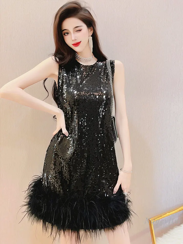 High-End Elegant Feather Stitching Black Sequins Dress for Women 2023 Summer New Slim-Fit Slimming Sleeveless Party Vestidos