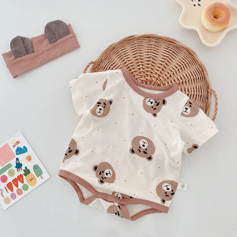 

2022 summer baby short sleeve bodysuits newborn boy girls cartoon bears one piece clotheswith headband