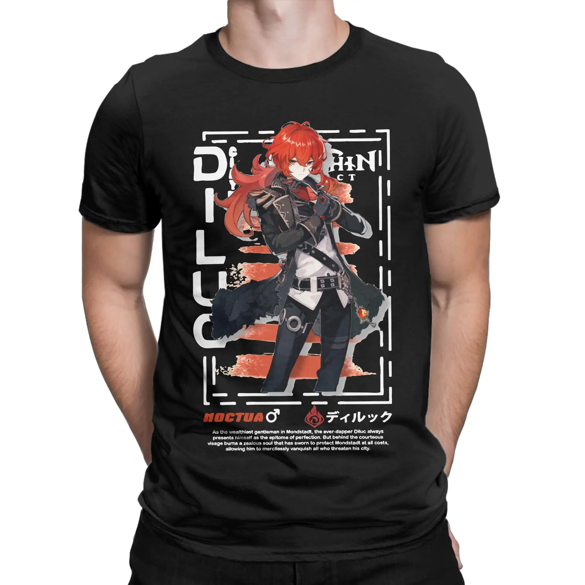 Фото Футболки Genshin Impact Diluc Streetwear для мужчин и женщин, футболки из чистого хлопка, футболки с круглым вырезом и короткими рукавами, топы для взрослых №2