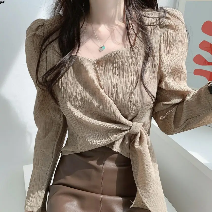 

Blouses New Vintage Shirts Blouse Women Korea Long Sleeve Elegant Office Lady Work Solid Cross Criss Tie Ruffle Chic Tops Blusas