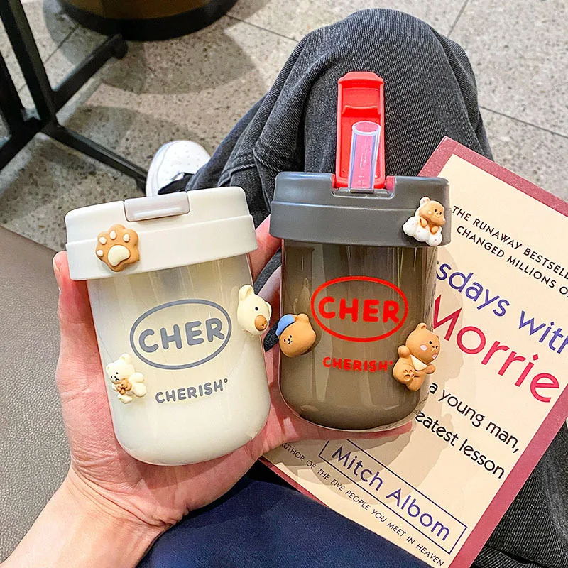 

Coffee Plastic Cup With Girl Student Kids Summer Children water bottle with Straw And Stickers Mini Kawaii Cute Cup