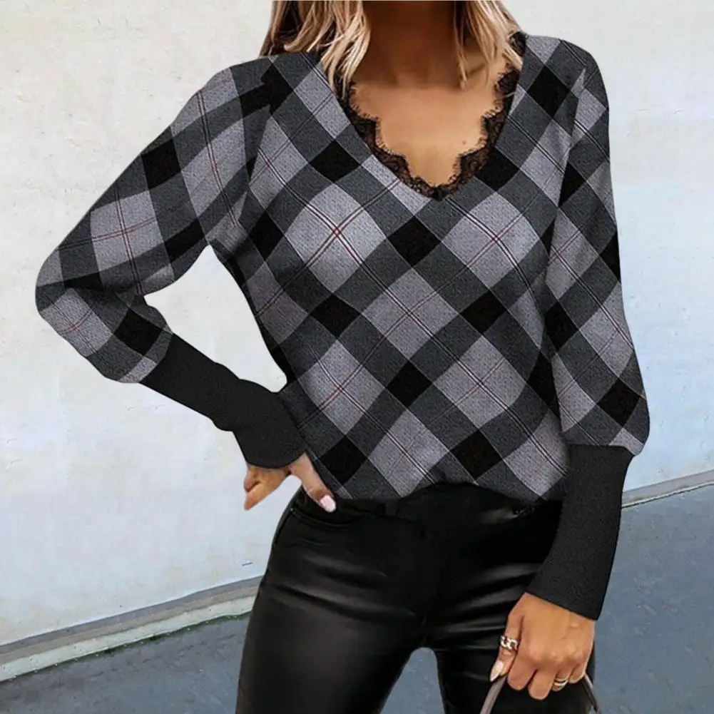

Women Spring Top Stylish Loose Eyelash Lace Trim Elastic Cuff Winter Top for Work Lady Autumn Top Winter Blouse