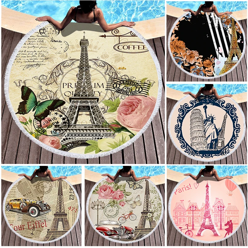 

Vintage Architecture Eiffel Tower Round Beach Towel with Fringe Compressed Towel Bath Towel Beach Towel Microfiber Towel Round