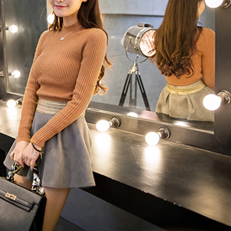 

E15E женский осенний однотонный эластичный вязаный свитер с длинным рукавом и высоким воротником, пуловер