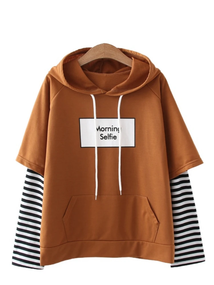 

Women Pullover Hoodies Letter Print Striped Patchwork Fake 2 Piece Hooded Sweatshirt 2022 Spring Long Sleeve Korean Female Tops