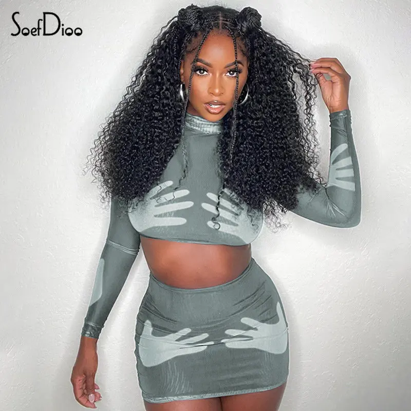 

Soefdioo Hand Shape Print Two Piece Set Women Sexy Long Sleeve Crop Top and Mini Skirt Matching Winter 2022 Party Club Outfits