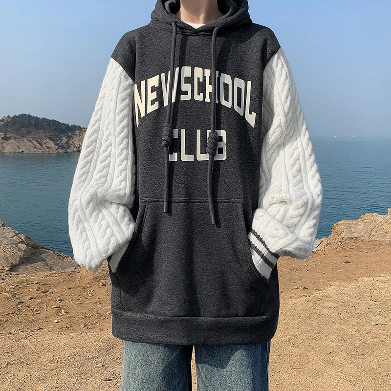 

Men Hoodies Knitted stitching Sweatshirt Loose Unisex Oversize Fashion Pullover Hoodie Preppy England Style Male Cloth Casual