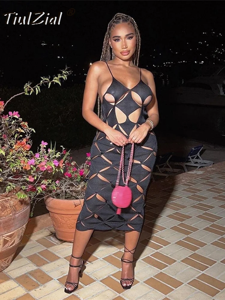 

TiulZial Ribbed Knitted Hollow Out Sexy Midi Dress Club Party Beach Summer Backless Bodycon Dress Spaghetti Strap Women Outfits