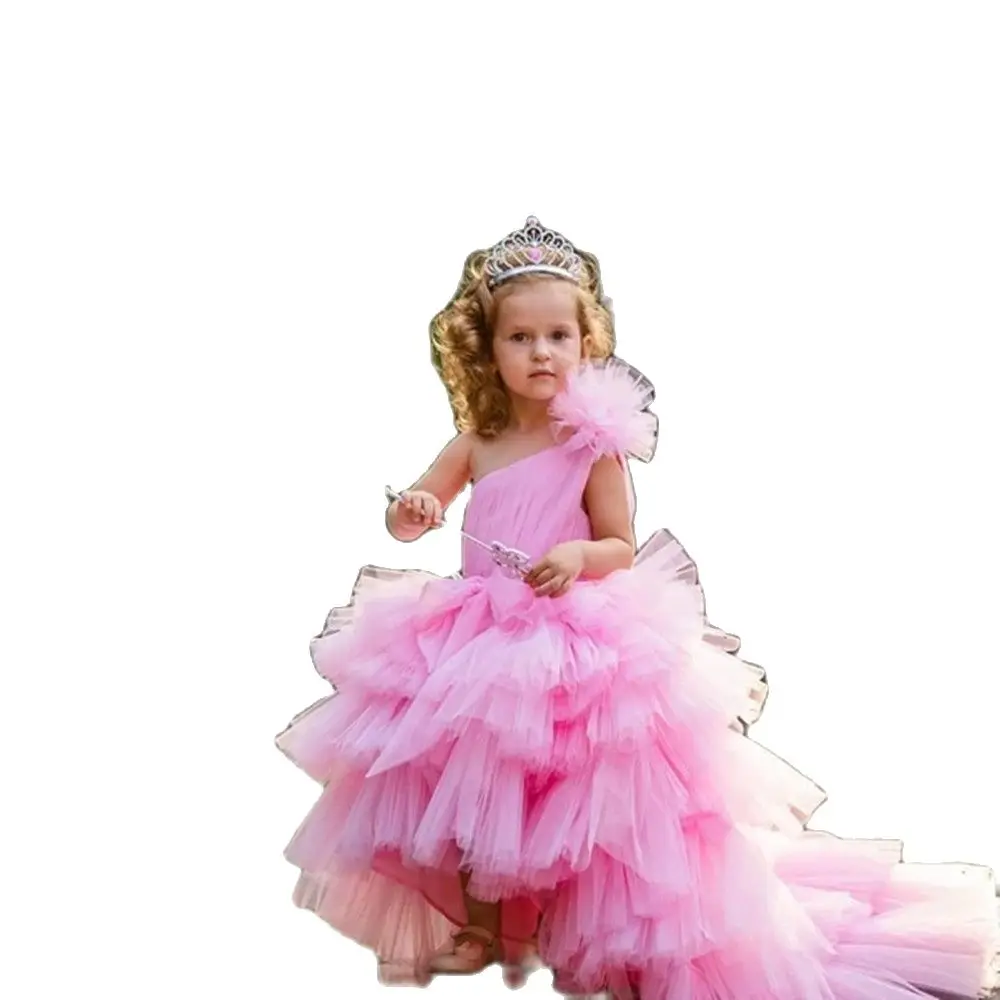 

Baby Pink Hi Low Long Pleated Ruffles Tulle Prom Gowns Girls Puffy Ruffled One Shoulder Kids Tulle Dresses Custom Made