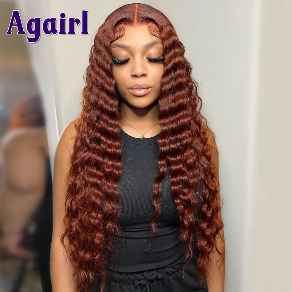 32 Inch Reddish Brown Loose Deep Wave Lace Front Wig Deep Curly Human Hair Lace Frontal Wig Copper Red 5X5 Lace Closure Wig 180%