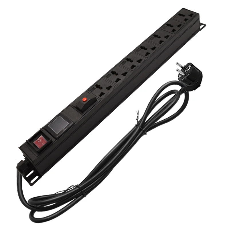

New Aluminum Case 16A AC 7 jacks 1U Universal PDU output IEC Power Cord Socket illuminated ON OFF Switch Ammeter With 2M wire