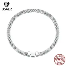 BISAER 100% 925 Sterling Silver Classic Square Buckle Bracelet Retro Braided Chain Link for Women Platinum Plated Fine Jewelry