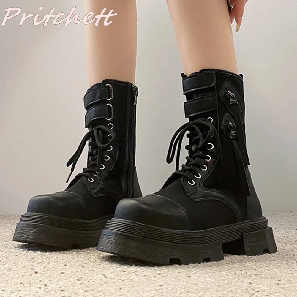 

Thick-soled Mid Calf Women Boots Round Toe Side Zipper Flat with Boots 2023 Autumn New Street Style Casual Fashion Short Boots
