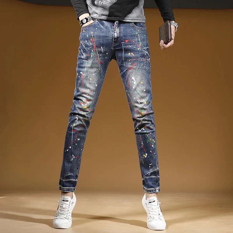 Autumn Graffiti Printed Blue Jeans Men Streetwear Casual Slim Fit Pencil Pants Fashion Stretch Denim Trousers