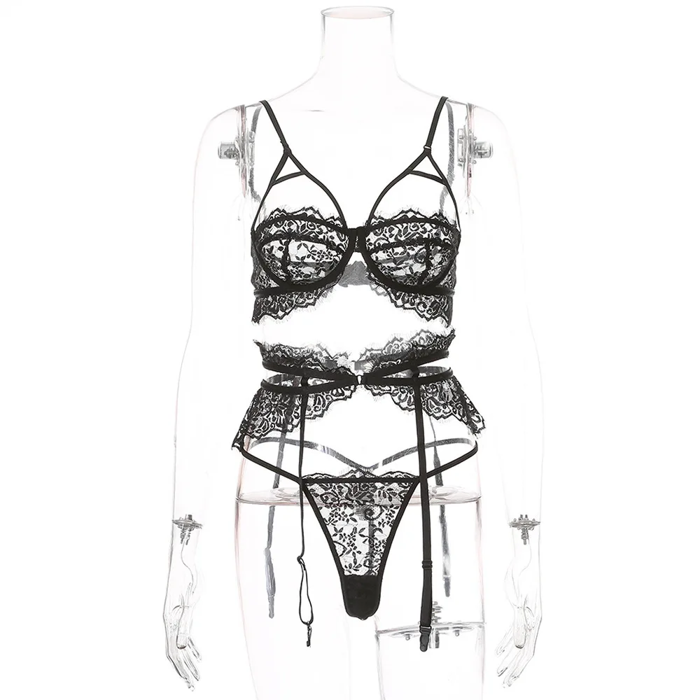 Sexy Lingerie Set Eyelash Lace Women's Underwear 3-piece Embroidered Black Erotic |