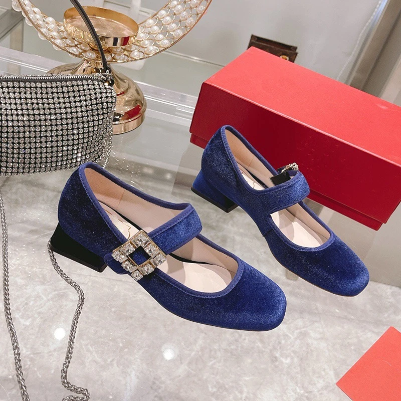 Thick Heel Mary Jane Shoes Women's Square Head Patent Leather Single Shoes Retro Rhinestone Buckle Women's Shoes