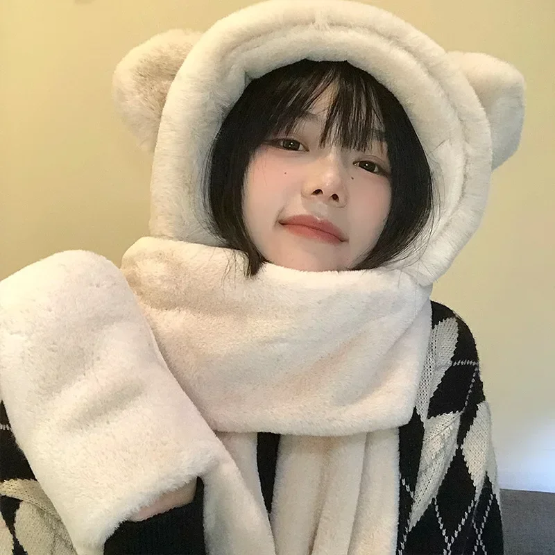 

Winter Cashmere Balaclava With Bear Ear Hat Scarf Gloves Set 3 In 1 Women Cute Beanies Caps Hood Warm Thick Plush Solid Color