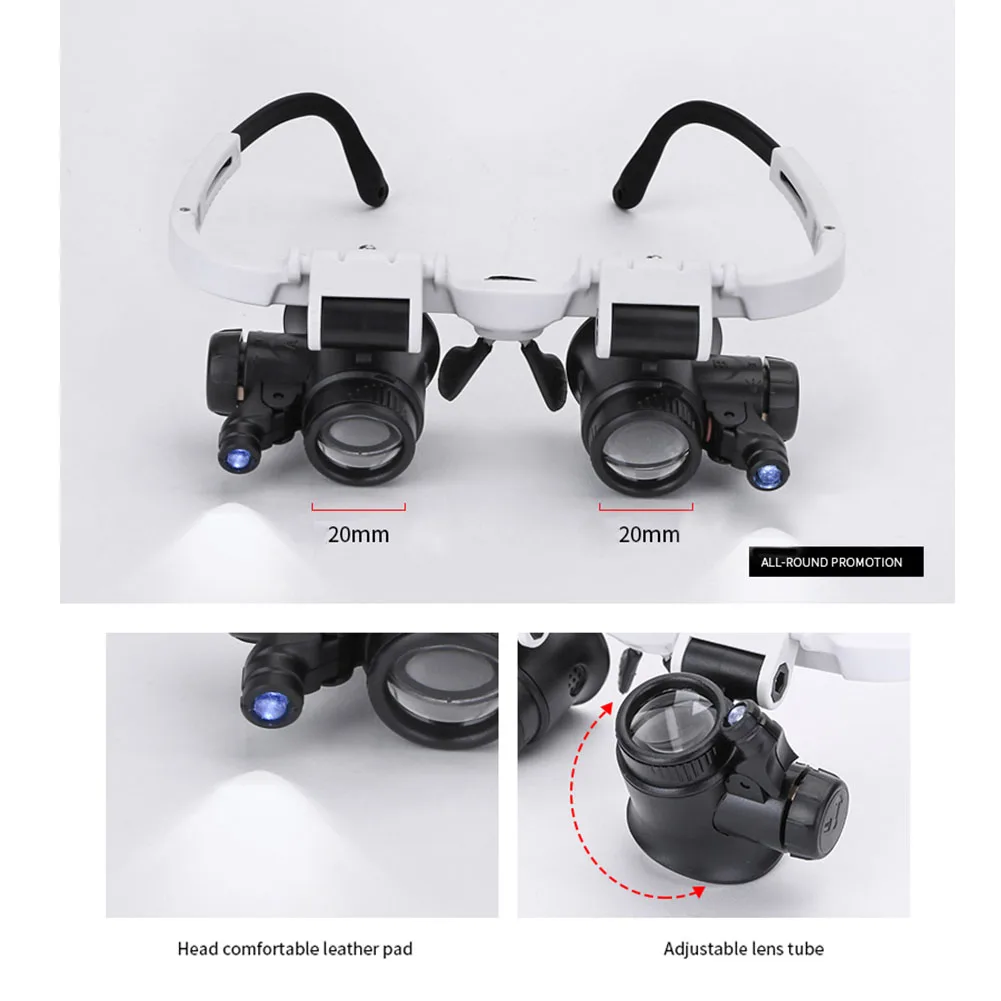 

Led Measurement Double Eye Glasses Magnifier Loupe Durable Lens Retractable Tool 8X 23X Portable Head-mounted ABS Watch Repair